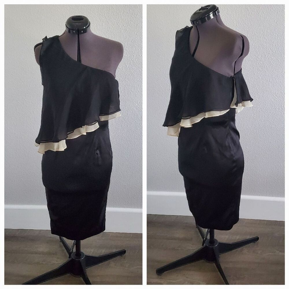 Jill Stewart Women's Dress Size 0 Black Cream One Shoulder Satin Stretch Flowy